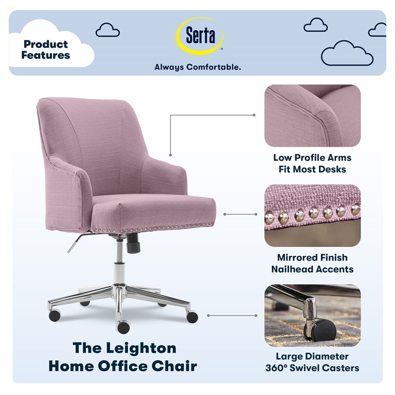 Serta Leighton Home Office Desk Chair Chrome Nailheads Twill Fabric Lilac Purple