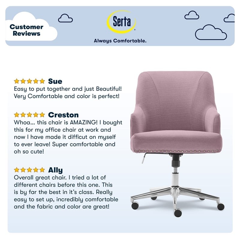 Serta Leighton Home Office Desk Chair Chrome Nailheads Twill Fabric Lilac Purple