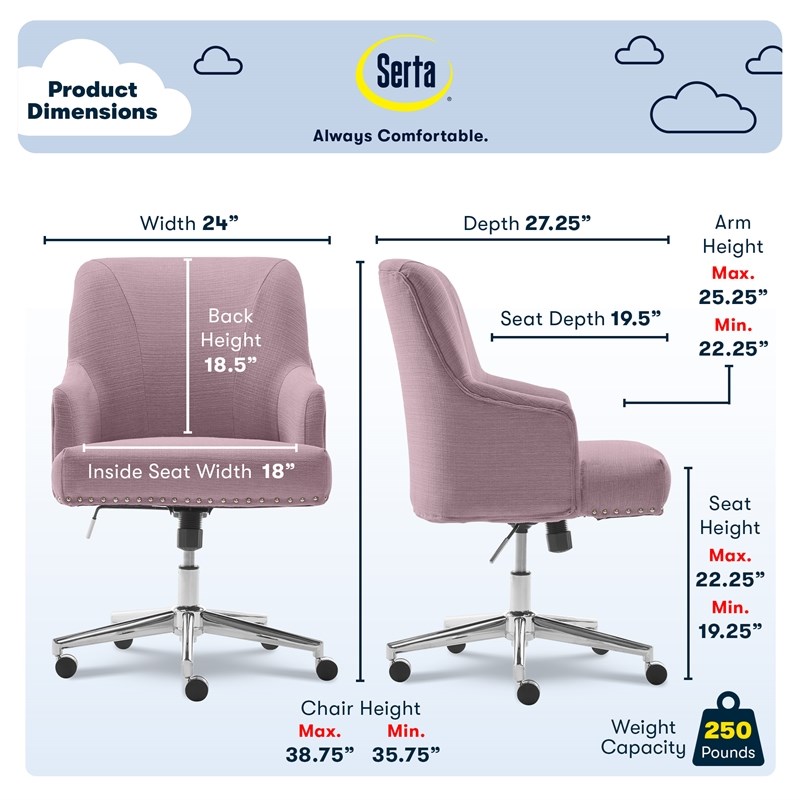 Serta Leighton Home Office Desk Chair Chrome Nailheads Twill Fabric Lilac Purple
