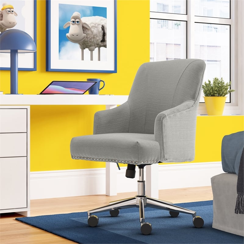 Serta Leighton Home Office Desk Chair Chrome Nailheads Twill Fabric Medium Gray