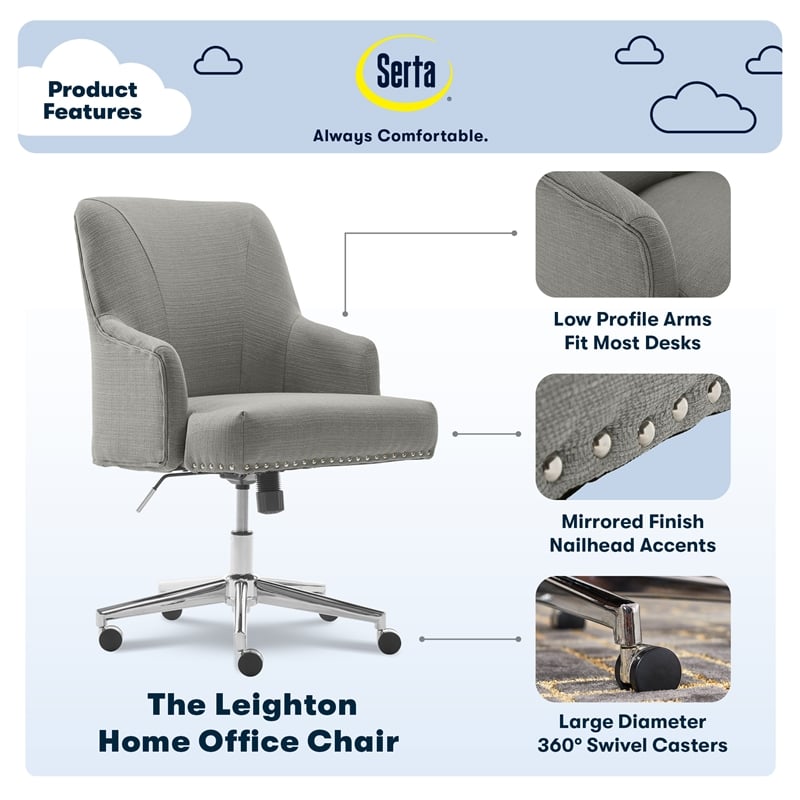 Serta Leighton Home Office Desk Chair Chrome Nailheads Twill Fabric Medium Gray