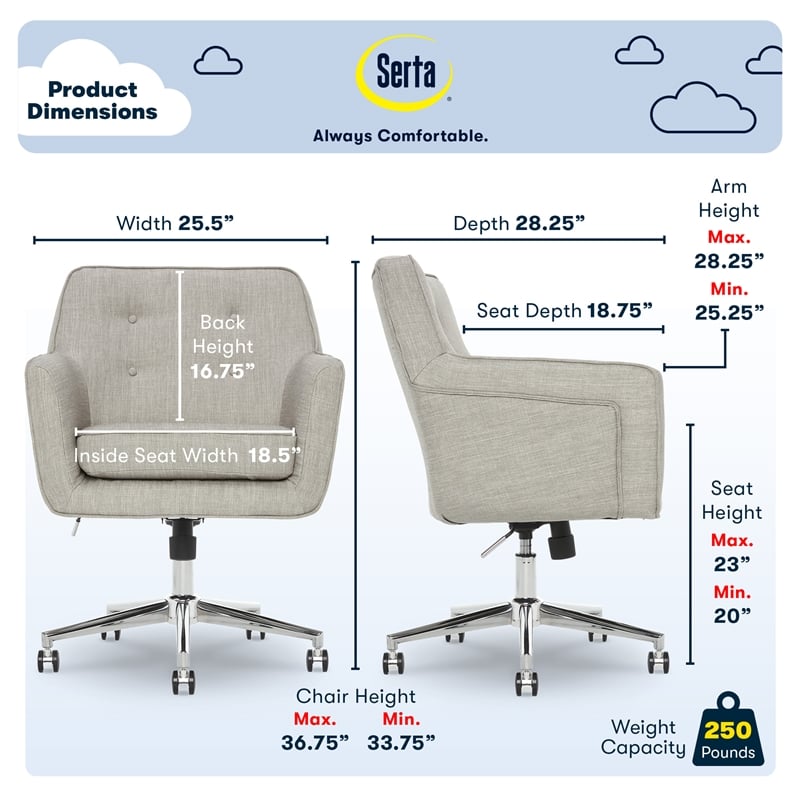 Serta Ashland Home Office Desk Chair Memory Foam Cushion Light Gray Twill Fabric