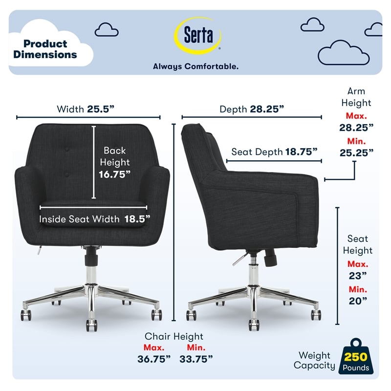 Serta Ashland Home Office Desk Chair Memory Foam Cushion Charcoal Twill Fabric