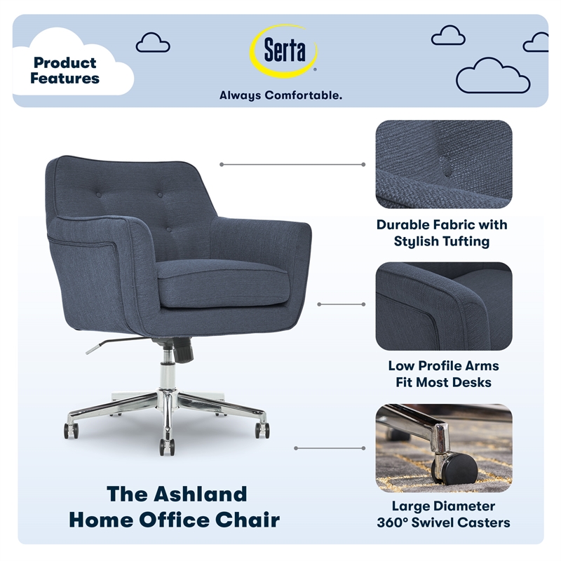 Serta Ashland Home Office Desk Chair Memory Foam Cushion Blue Twill Fabric
