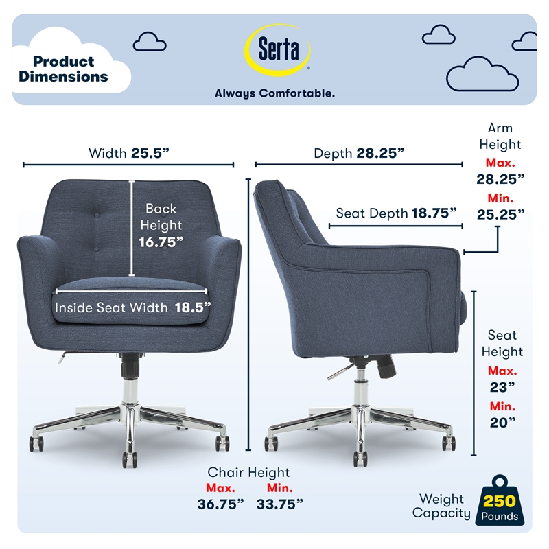 Serta Ashland Home Office Desk Chair Memory Foam Cushion Blue Twill Fabric