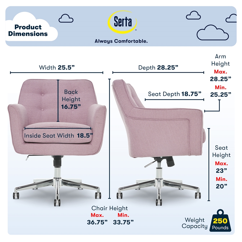 Serta Ashland Home Office Desk Chair Memory Foam Cushion Lilac Twill Fabric