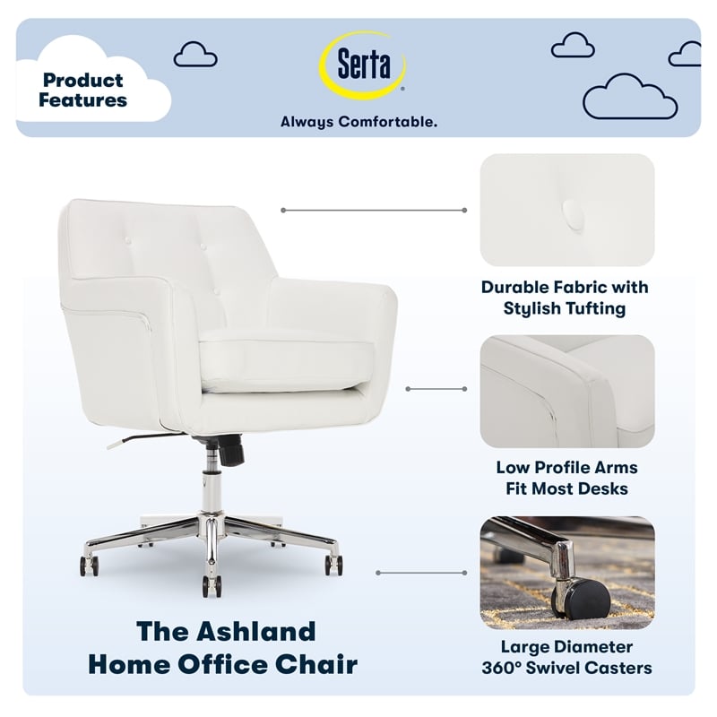 Serta Ashland Home Office Desk Chair Memory Foam Cushion White Bonded Leather