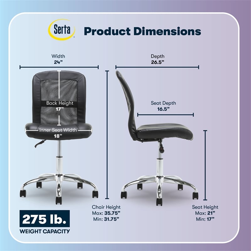 Serta Essential Armless Desk Chair with Breathable Lightweight Mesh Back Black