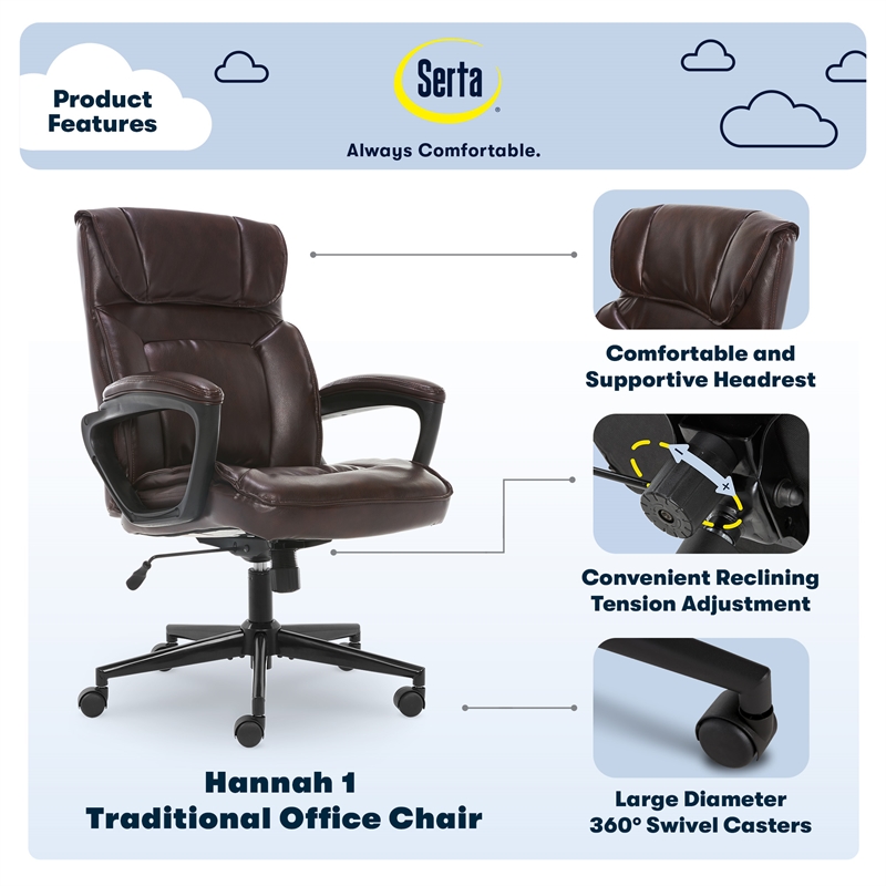 Serta Style Hannah I Bonded Leather High-Back Office Chair, Comfort Black