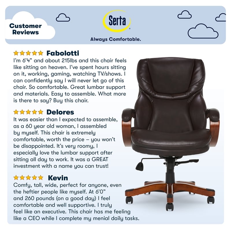 Serta Conway Big and Tall Executive Office Chair with Wood Accents Brown