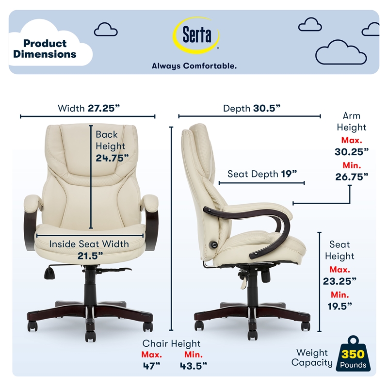 Serta Conway Big and Tall Executive Office Chair with Wood Accents Ivory  White 