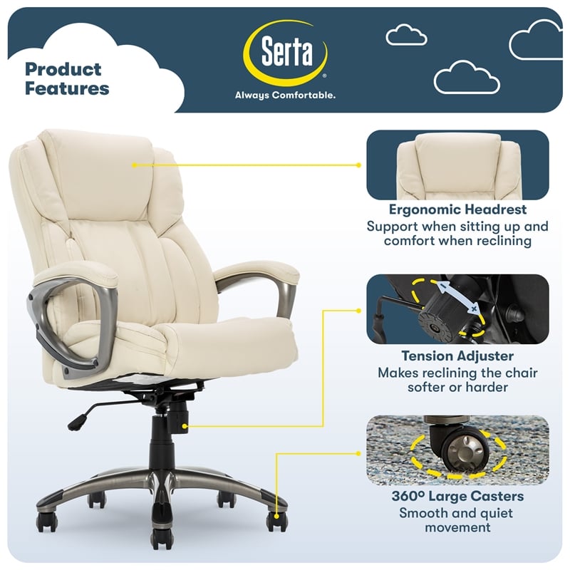Serta Garret Executive Office Chair Bonded Leather Ivory White