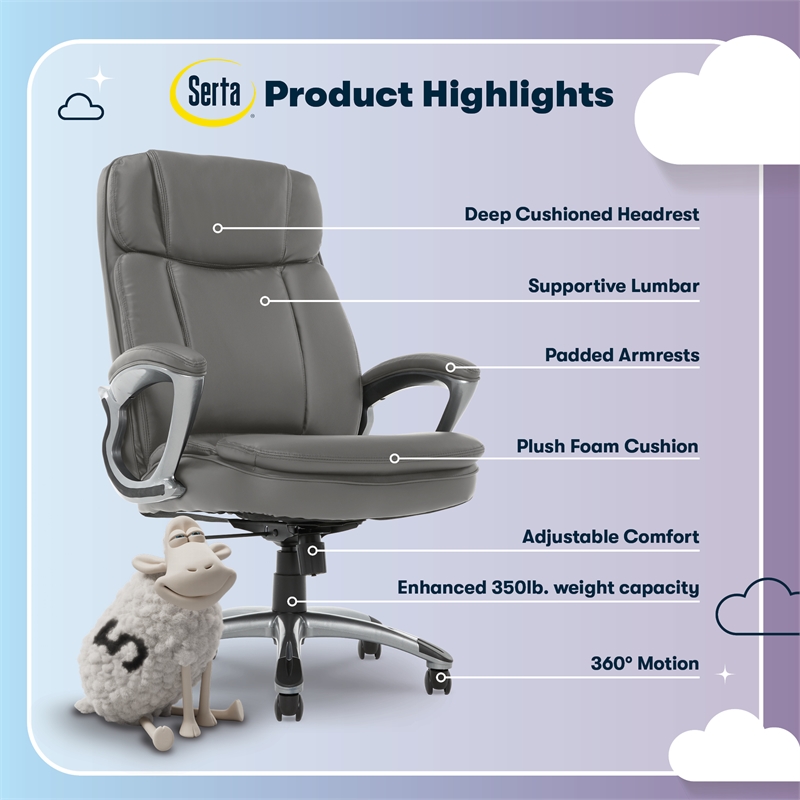 Serta Fairbanks Big and Tall Executive Office Chair Gray Bonded Leather