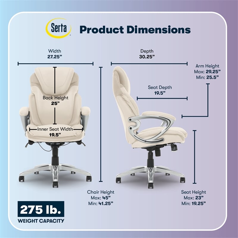 Serta Bryce Office Chair Patented AIR Lumbar Technology Bonded Leather Cream