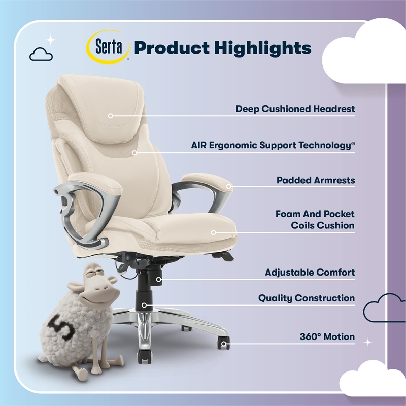 Serta Bryce Office Chair Patented AIR Lumbar Technology Bonded Leather Cream