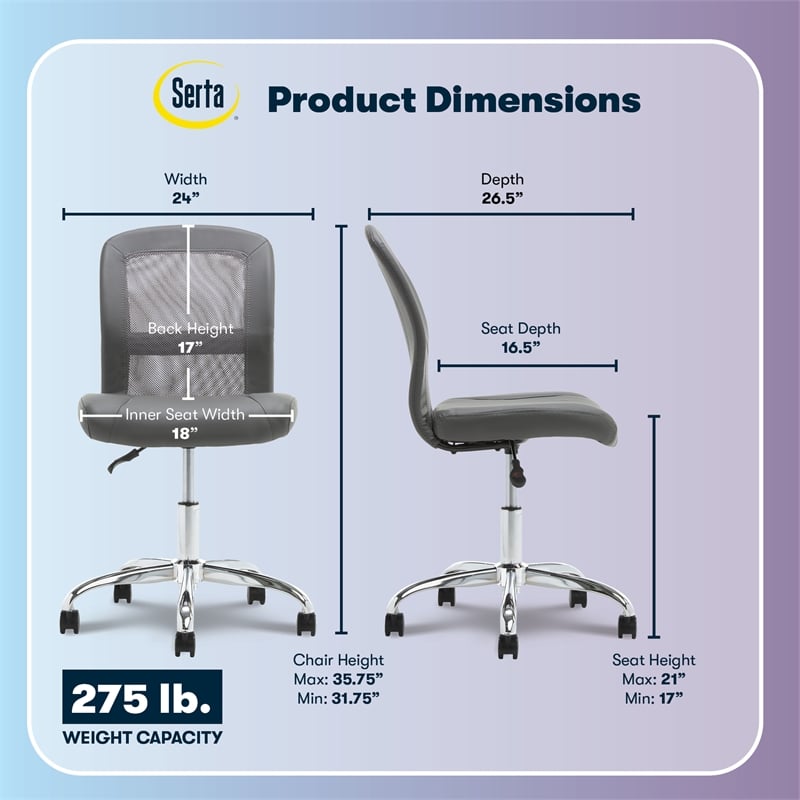 Serta Essential Armless Desk Chair with Breathable Lightweight Mesh Back Gray
