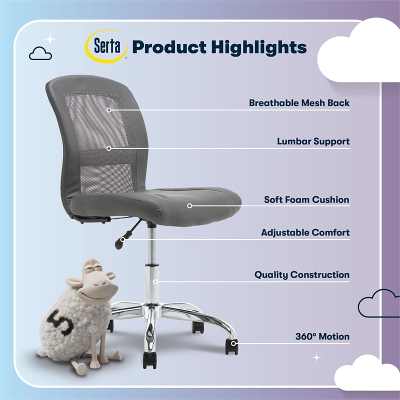 Serta Essential Armless Desk Chair with Breathable Lightweight Mesh Back Gray