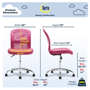 serta essentials ergonomic armless low-back computer swivel task chair pink