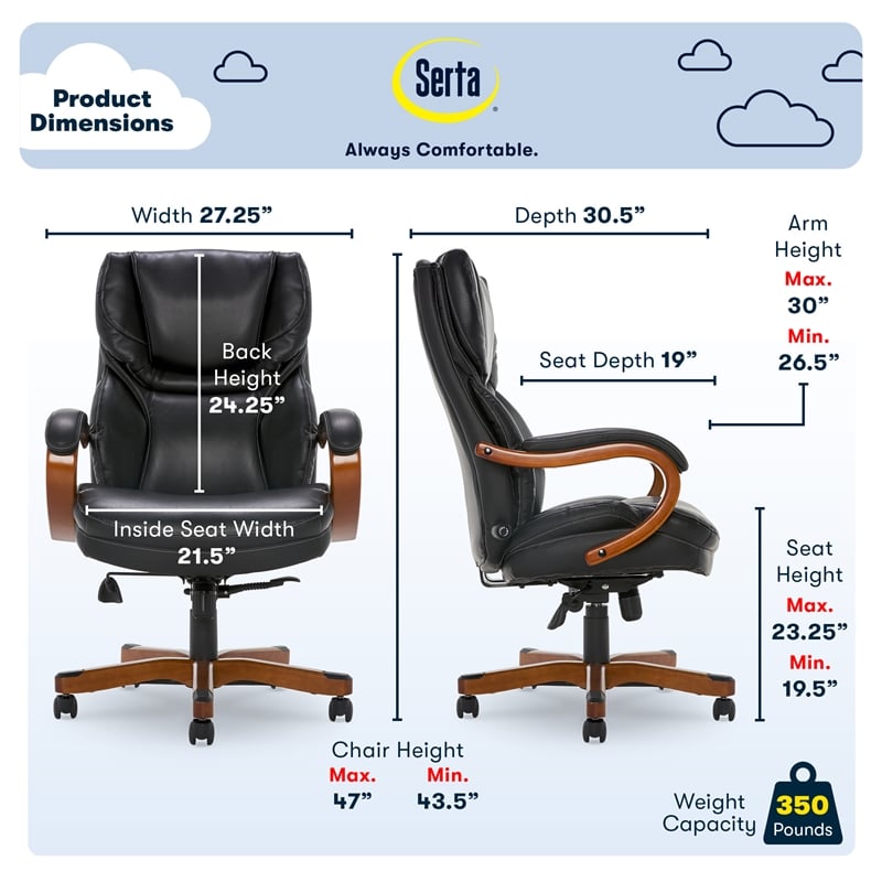 Serta Conway Big and Tall Executive Office Chair with Wood Accents Black
