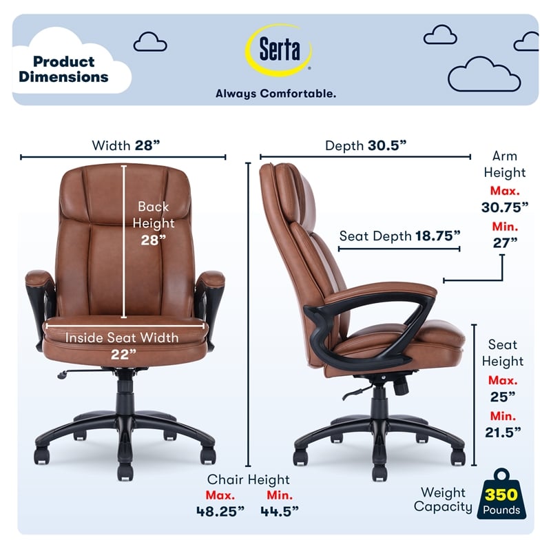 Serta Fairbanks Big and Tall Executive Office Chair Cognac Bonded Leather