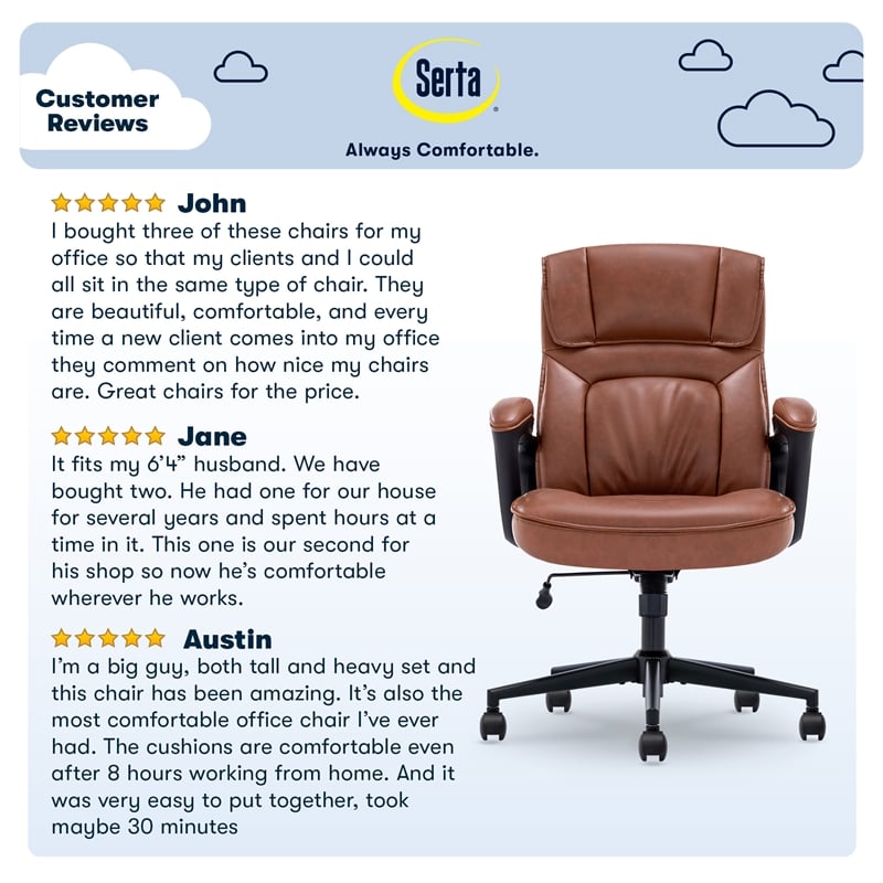 Serta Hannah Office Chair with Headrest Pillow Cognac Bonded Leather