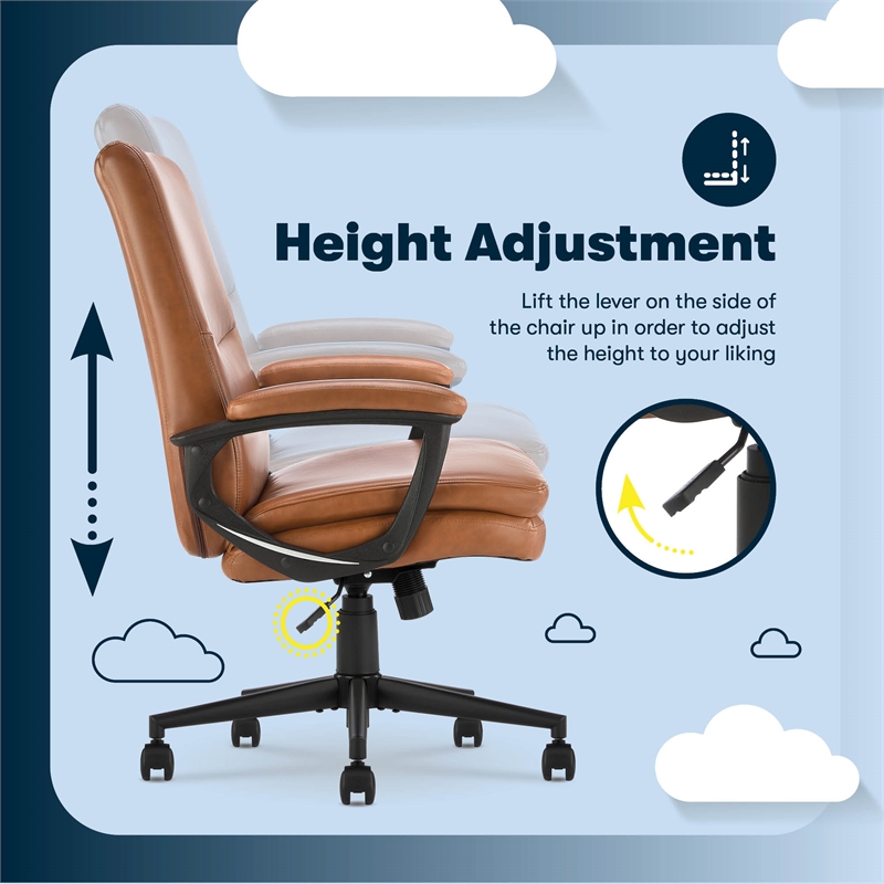 Serta Comfort Modern Executive Office Chair Metal Base Bonded Leather Cognac