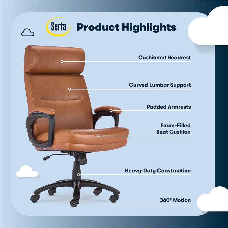 Serta Comfort Executive Big & Tall Ergonomic Office Chair Bonded Leather Cognac