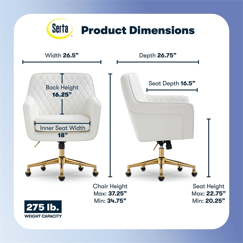 Serta Ashleigh Modern Office Chair Diamond-Tufted Design White Bonded Leather