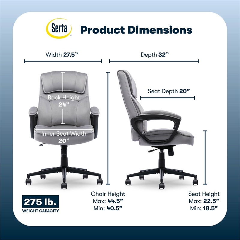 Serta Comfort Classic Executive Office Chair Padded Armrest Gray Velvet Fabric