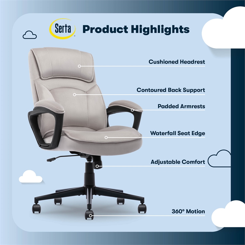 Serta Comfort Classic Executive Office Chair Padded Armrest Taupe Velvet Fabric