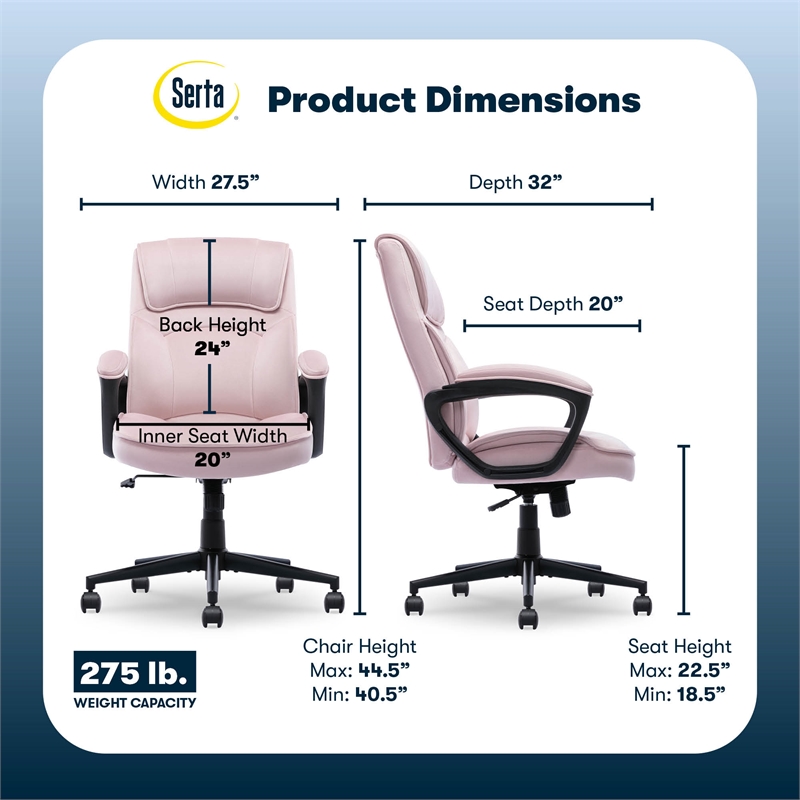 Serta Comfort Classic Executive Office Chair Padded Armrest Pink Velvet Fabric