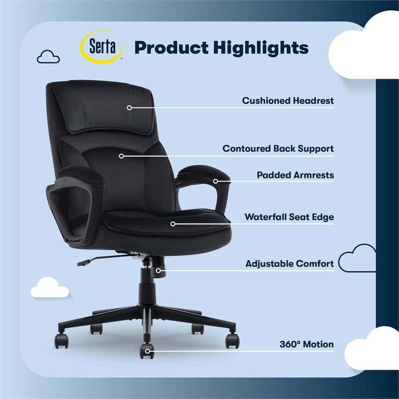 Serta Comfort Classic Executive Office Chair Padded Armrest Black Velvet Fabric