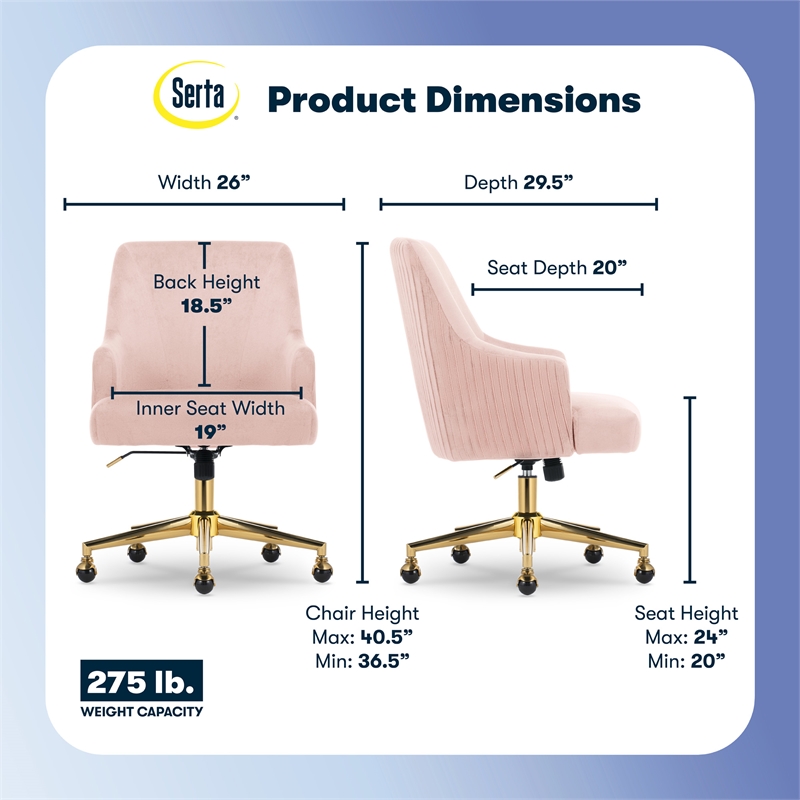 Serta Scarlett Modern Mid-Back Office Chair Velvet Fabric Gold Metal Base Pink