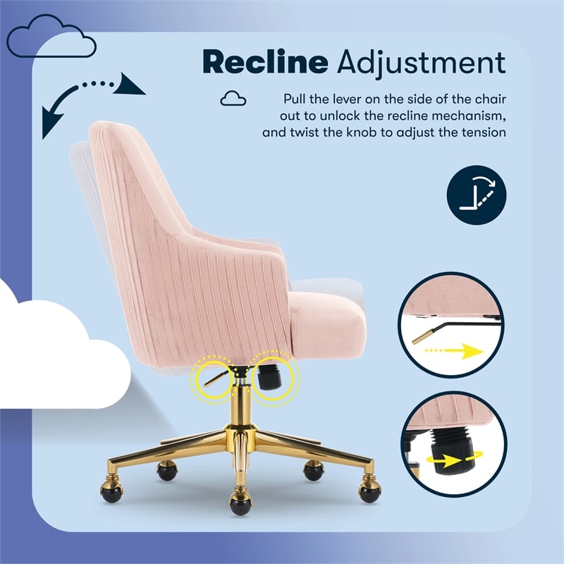 Serta Scarlett Modern Mid-Back Office Chair Velvet Fabric Gold Metal Base Pink