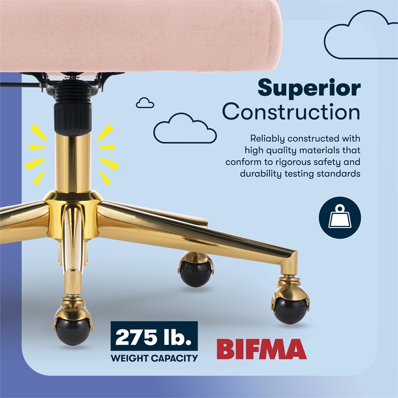 Serta Scarlett Modern Mid-Back Office Chair Velvet Fabric Gold Metal Base Pink