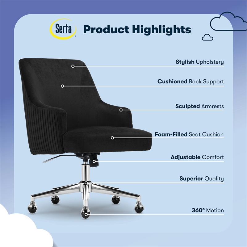 Serta Scarlett Modern MidBack Office Chair Velvet Fabric Silver Metal Base Black