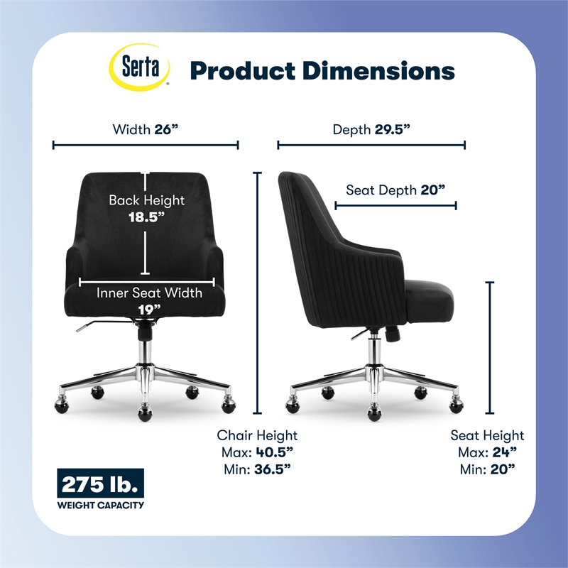 Serta Scarlett Modern MidBack Office Chair Velvet Fabric Silver Metal Base Black