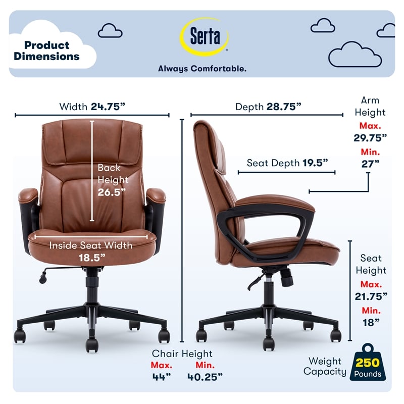 Serta Hannah Office Chair Ergonomic Lumbar Support Bonded Leather Cognac