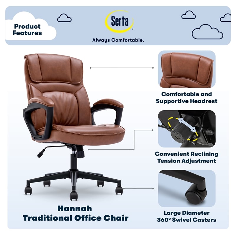 Serta Hannah Office Chair Ergonomic Lumbar Support Bonded Leather Cognac