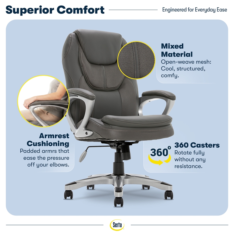 Serta Amplify Executive Office Chair Faux Leather and Mesh Duo Gray