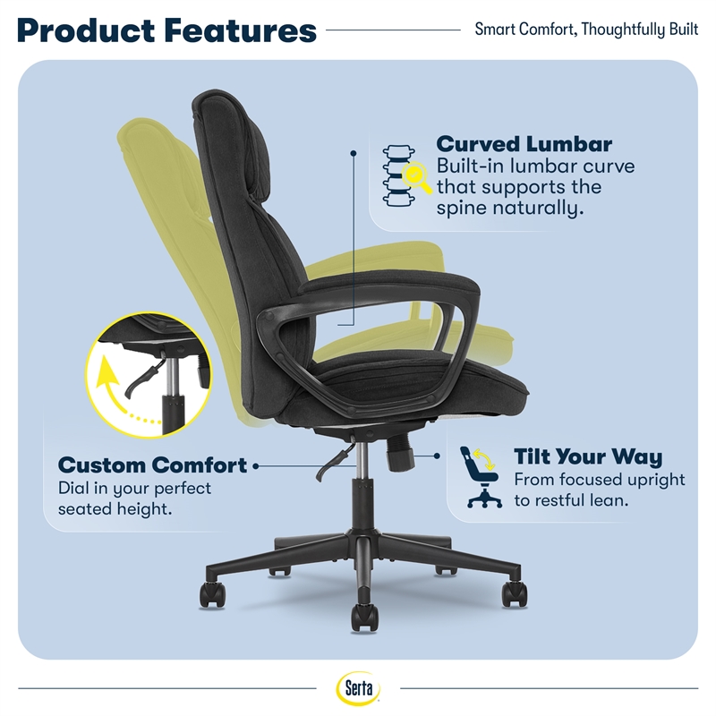 Serta Hannah Microfiber Office Chair with Headrest Pillow Charcoal Gray