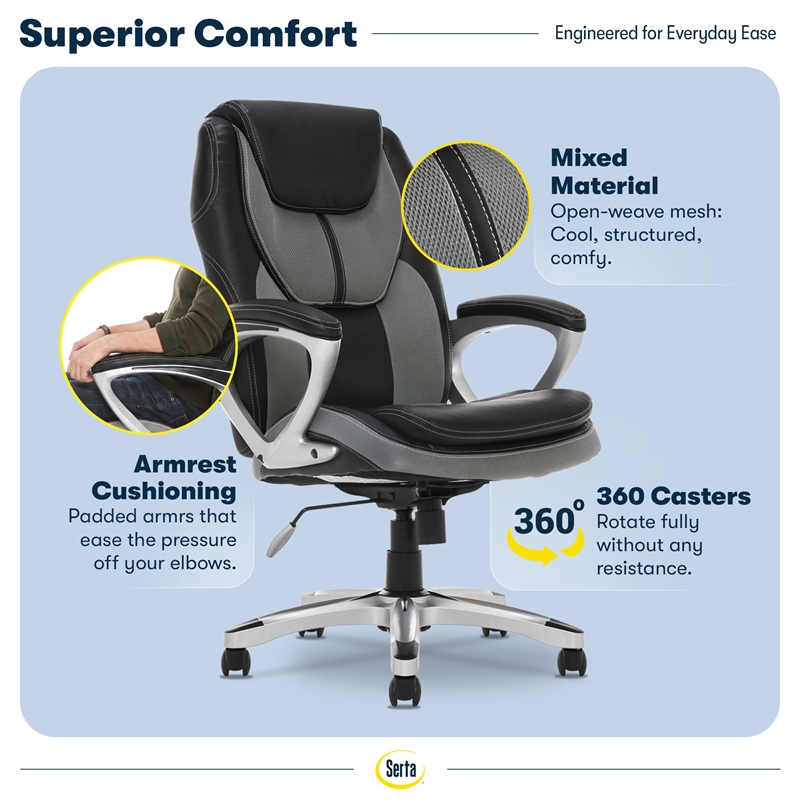Serta Amplify Executive Office Chair Faux Leather and Mesh Gray