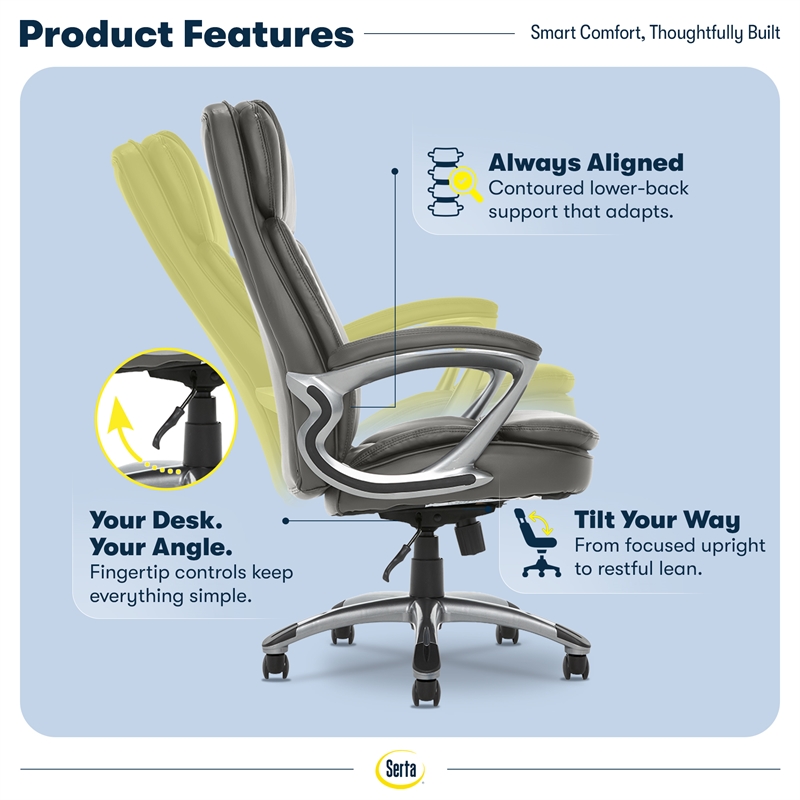 Serta Fairbanks Big and Tall Executive Office Chair Gray Bonded Leather