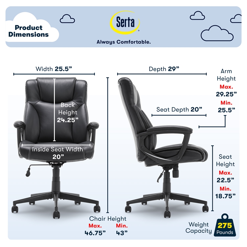 Serta Connor Modern Bonded Faux Leather Office Chair with Casters in Black