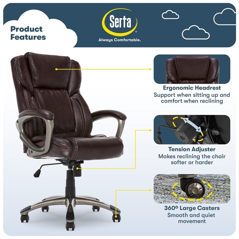 Serta Garret Ergonomic Executive Office Chair Bonded Leather Brown