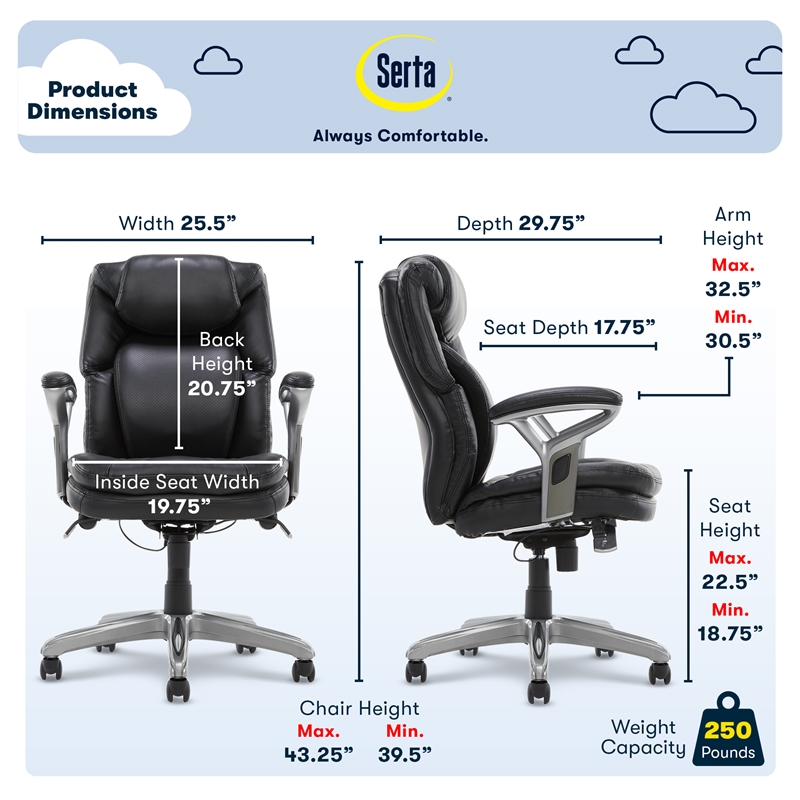 Serta Anniston Wellness by Design Mid Back Leather Office Chair Black