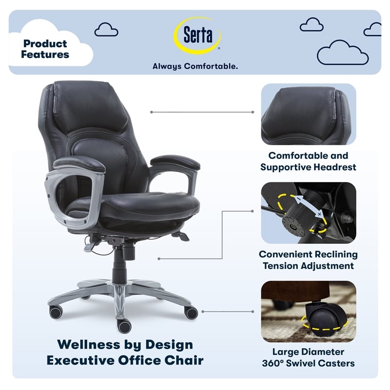 Serta Delvin Wellness by Design Executive Office Chair Bonded Leather Black
