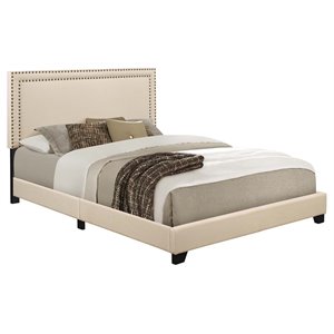 HomeFare Nailhead Upholstered Queen Bed in Cream White Fabric