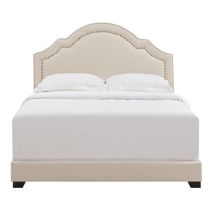 Home Fare Shaped Back Upholstered King Bed in Linen Beige