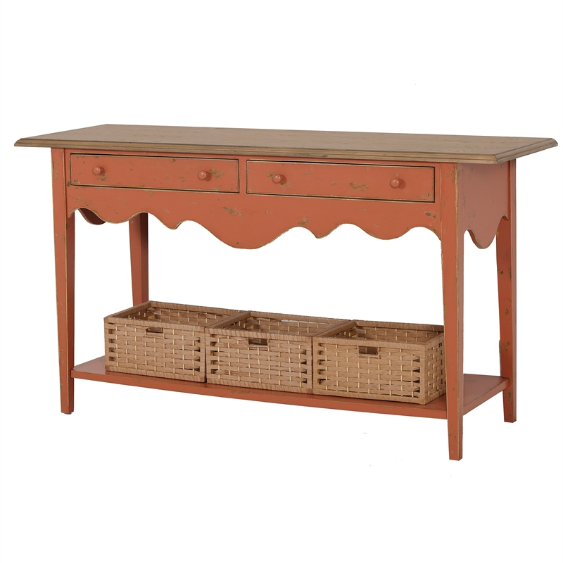 Orange Clay Painted Wood Console Table With Oak Top And Basket Storage D325 102 Orange Clay Painted Wood Console Table, Orange Console Table